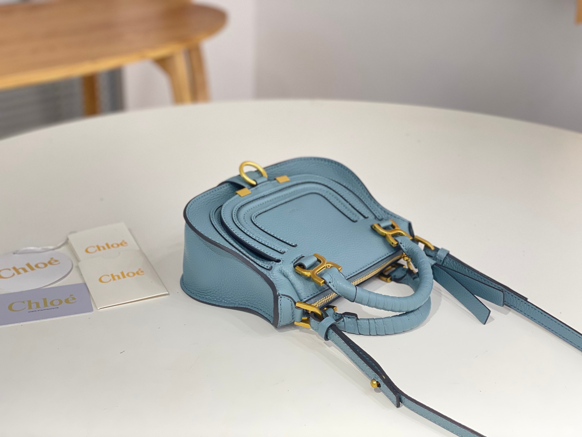 Chloe Mini Marcie Bag In Light Blue Grained Leather